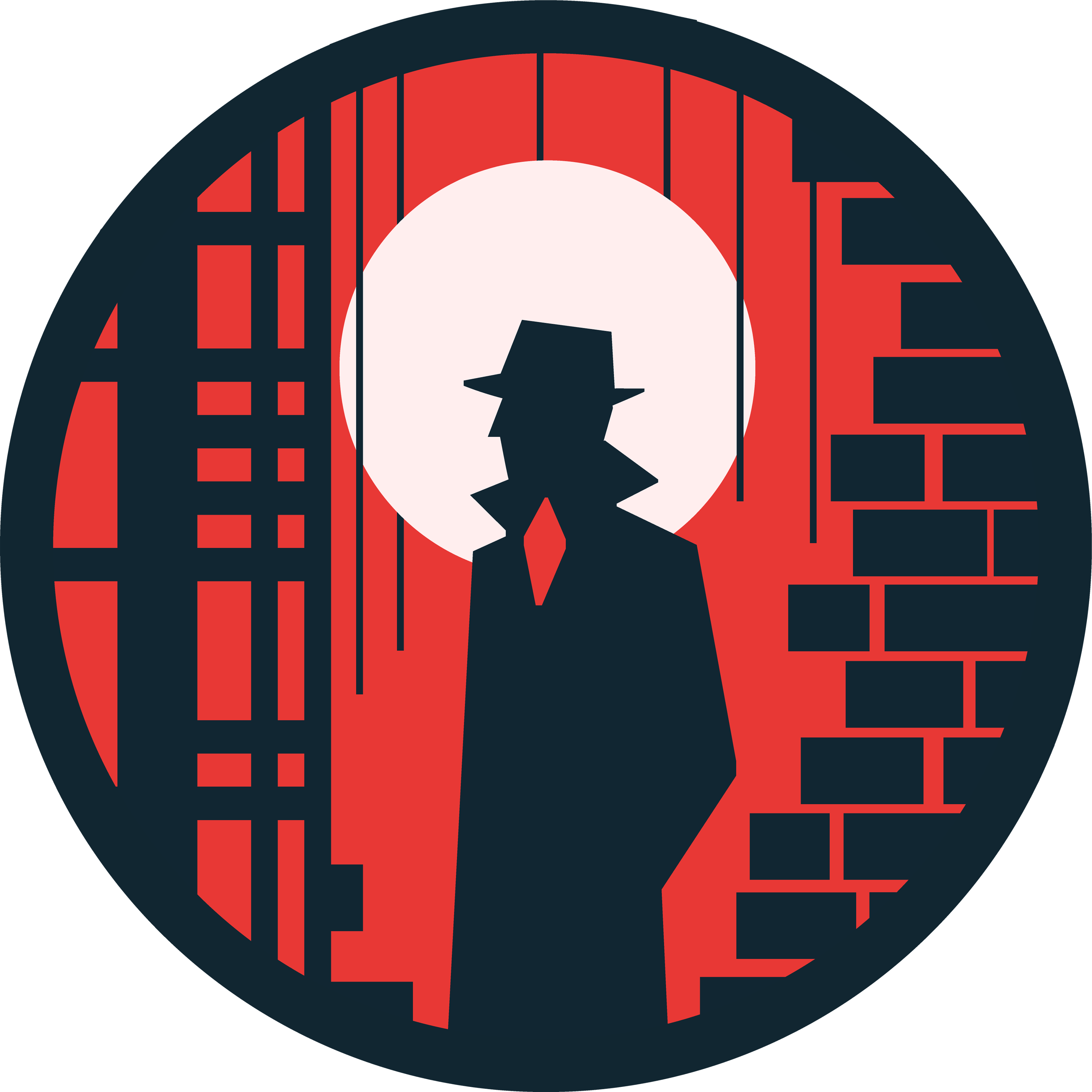 A man in a trenchcoat and a fedora with a red sky and full moon behind him.